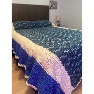 Handmade Crochet Extra Long Blanket Blue White‎ Chunky Knit Bed Sofa Cozy Soft